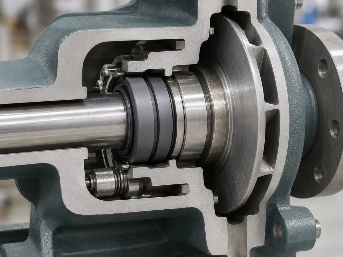 Cutaway view of an industrial pump showing mechanical seal components around the shaft